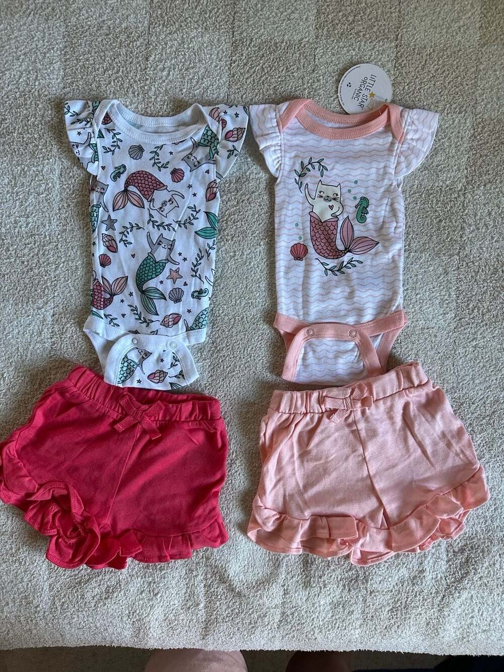 Little Star Organic Newborn Baby Girl 4-Piece Mermaid Cat Bodysuit and Ruffle Sh